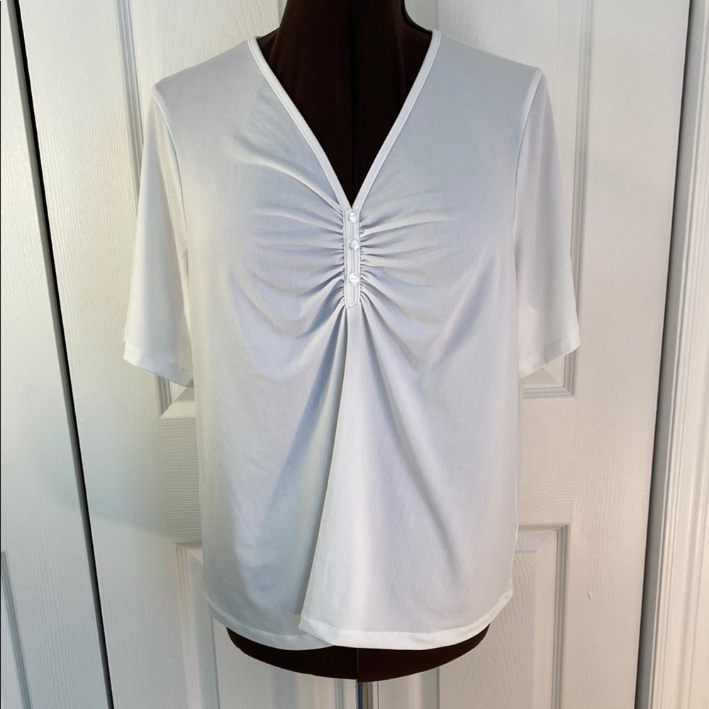 4 for $25 - Addition Elle Bow Front, White V-Neck Ruched Blouse, 2X Plus
